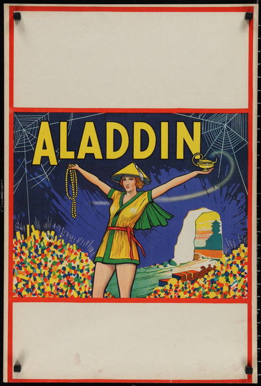 Vintage-style poster with 'Aladdin' branding featuring a character in a cave setting.