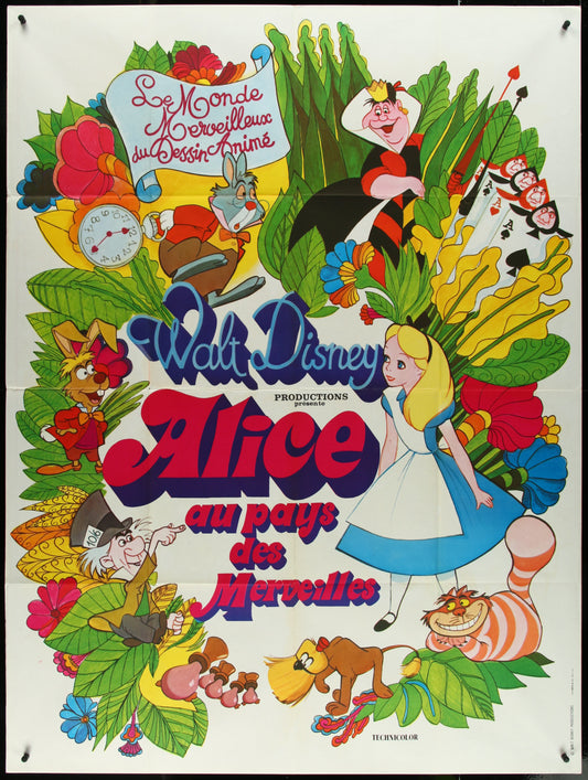 Vibrant original French one-panel movie poster for 'Alice in Wonderland' featuring colorful illustrations of characters and a whimsical scene.