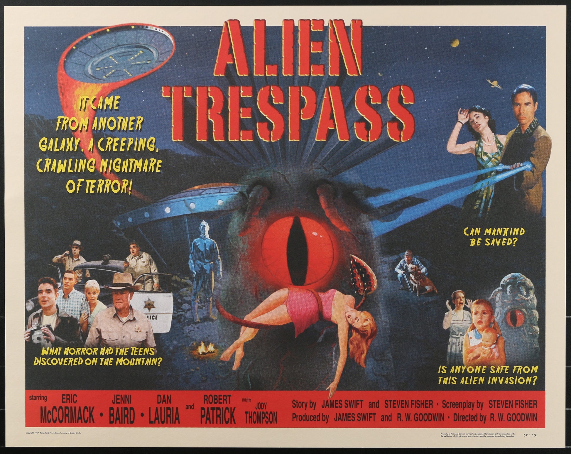 Vintage movie poster for 'Alien Trespass' with a large alien eye and human characters.