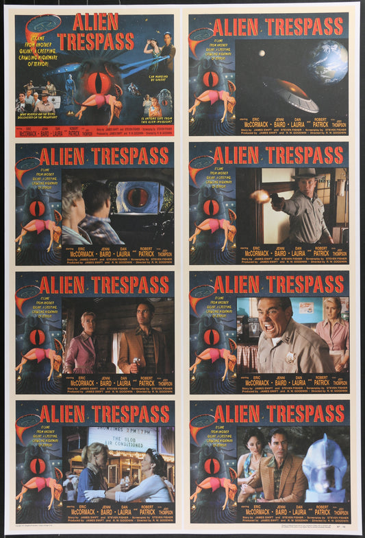 Multiple posters of the movie 'Alien Trespass' displayed together.