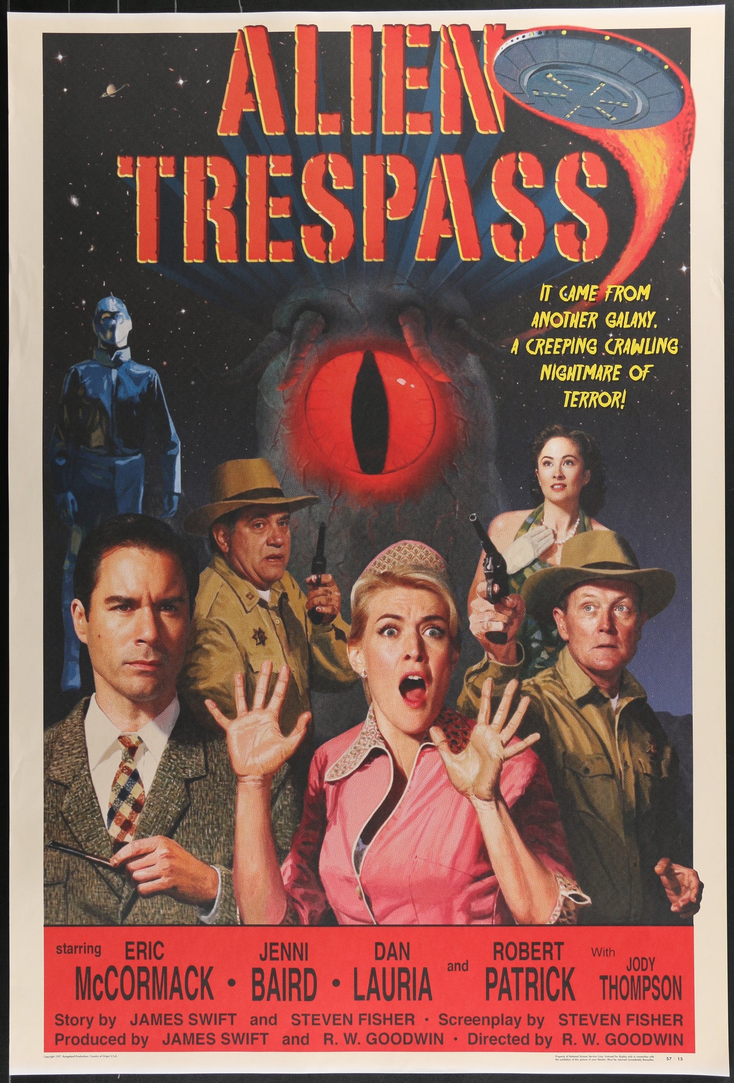 Vintage movie poster for 'Alien Trespass' with characters and eye design.