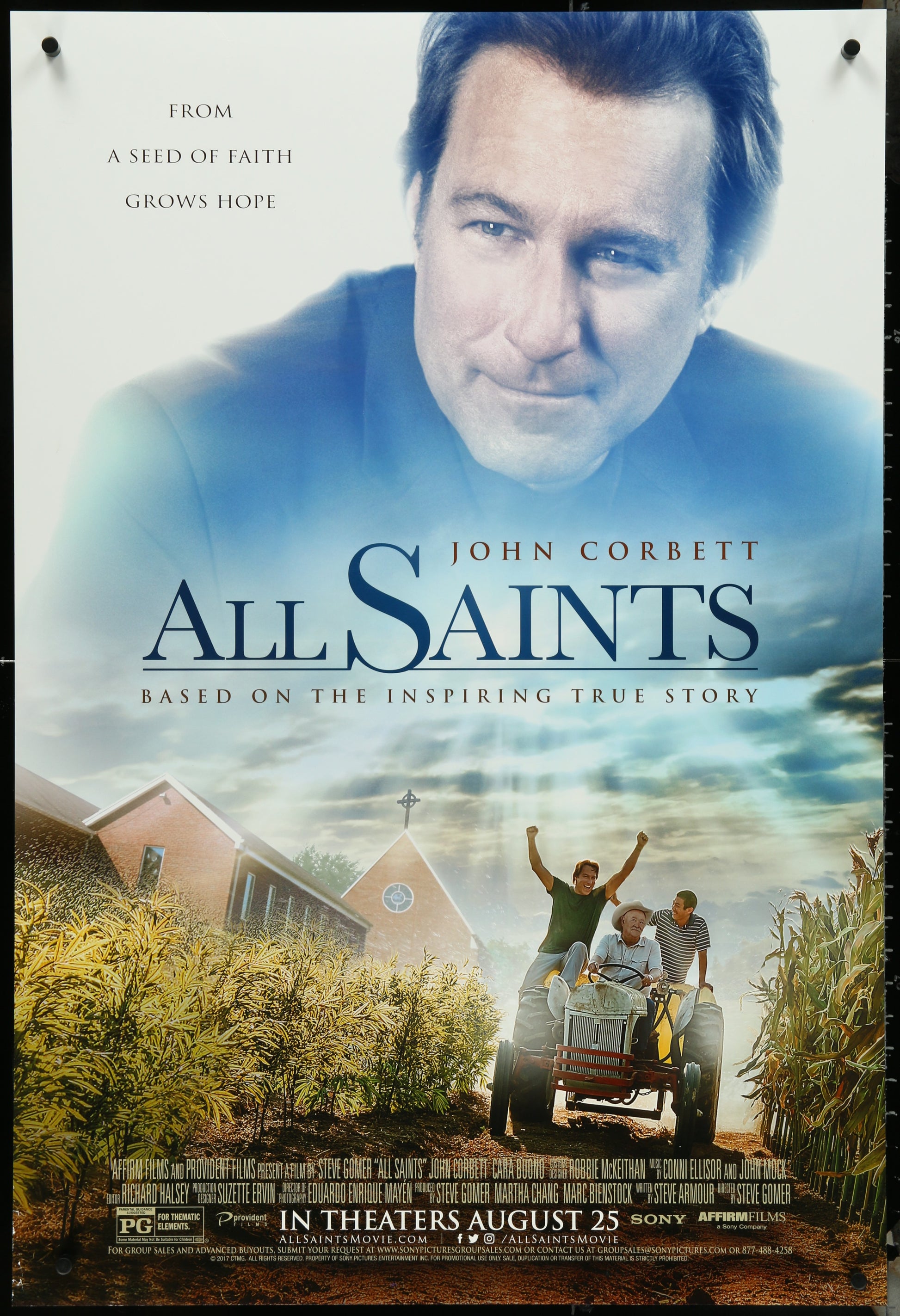 Movie poster for 'All Saints' featuring a man and child on a tractor with a church in the background.