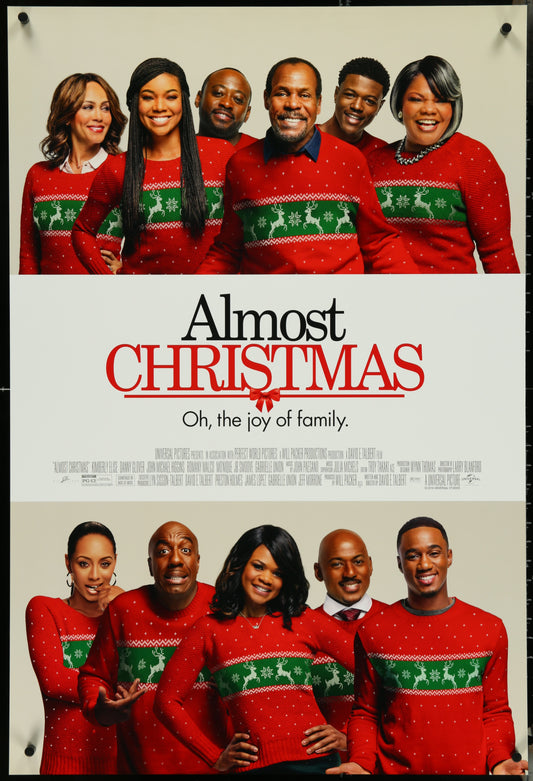 Movie poster for 'Almost Christmas' featuring a family in red sweaters with green reindeer patterns.
