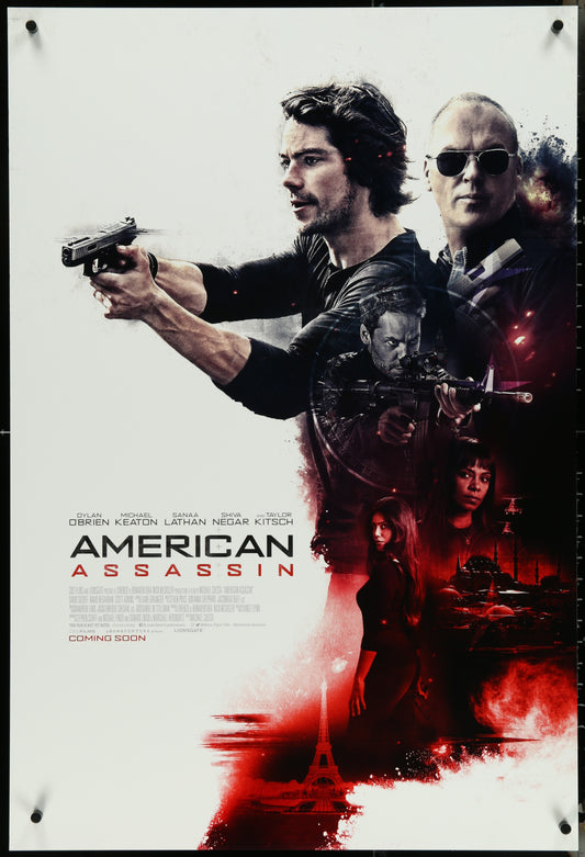 Movie poster for 'American Assassin' featuring a man holding a gun and another character in sunglasses.