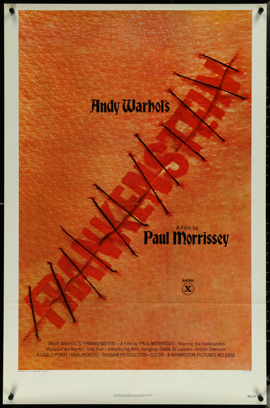 Original one-sheet movie poster for Andy Warhol's Frankenstein, featuring a red and orange design with text and a visible fold line.