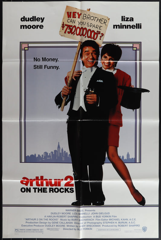 Original US one sheet movie poster for 'Arthur 2: On The Rocks' featuring Dudley Moore, Liza Minnelli, and John Gielgud.