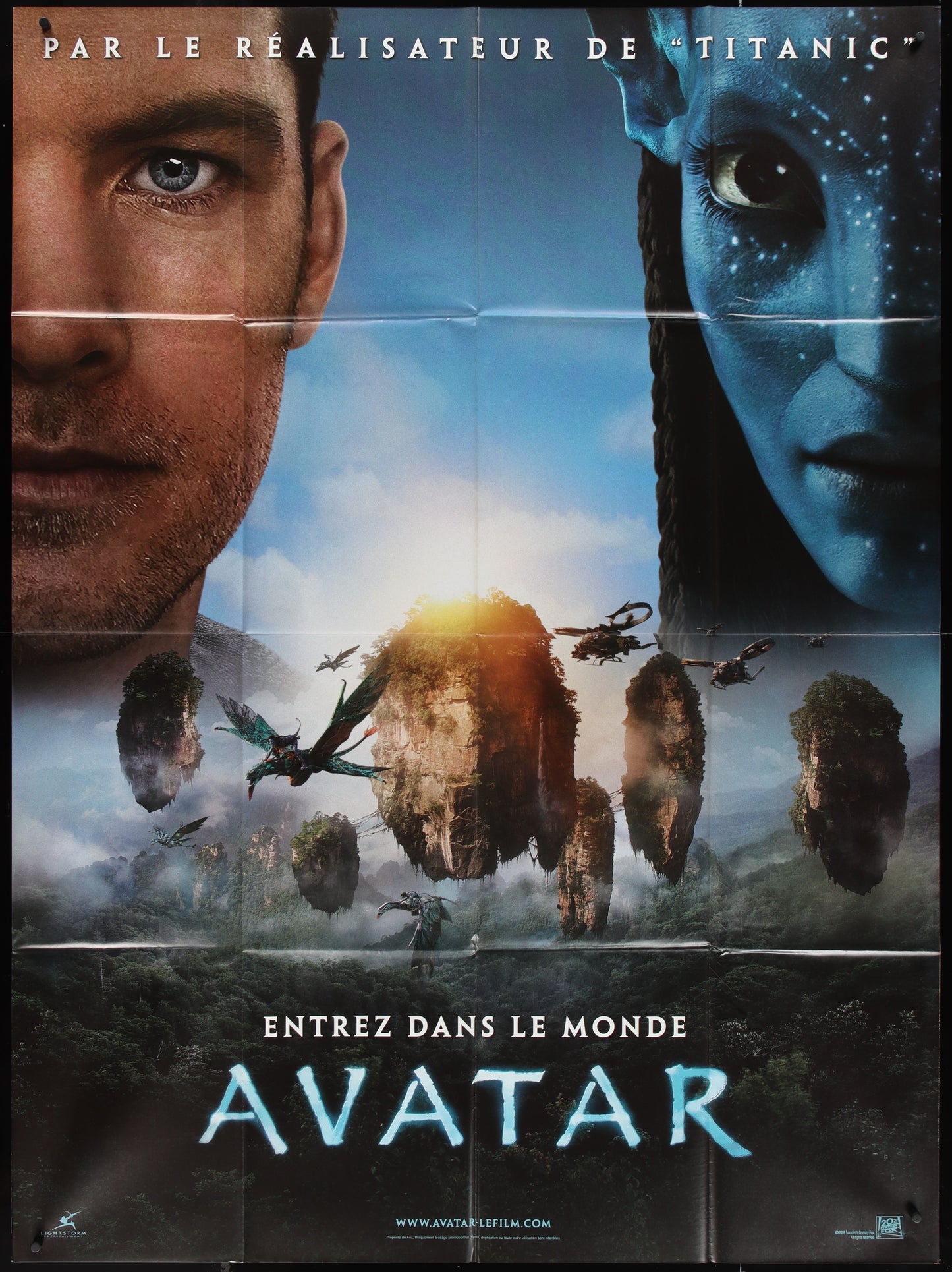 Original US one-sheet movie poster for 'Avatar' (2009) featuring a portrait of a male character in a landscape setting, with a fantasy creature in the background.
