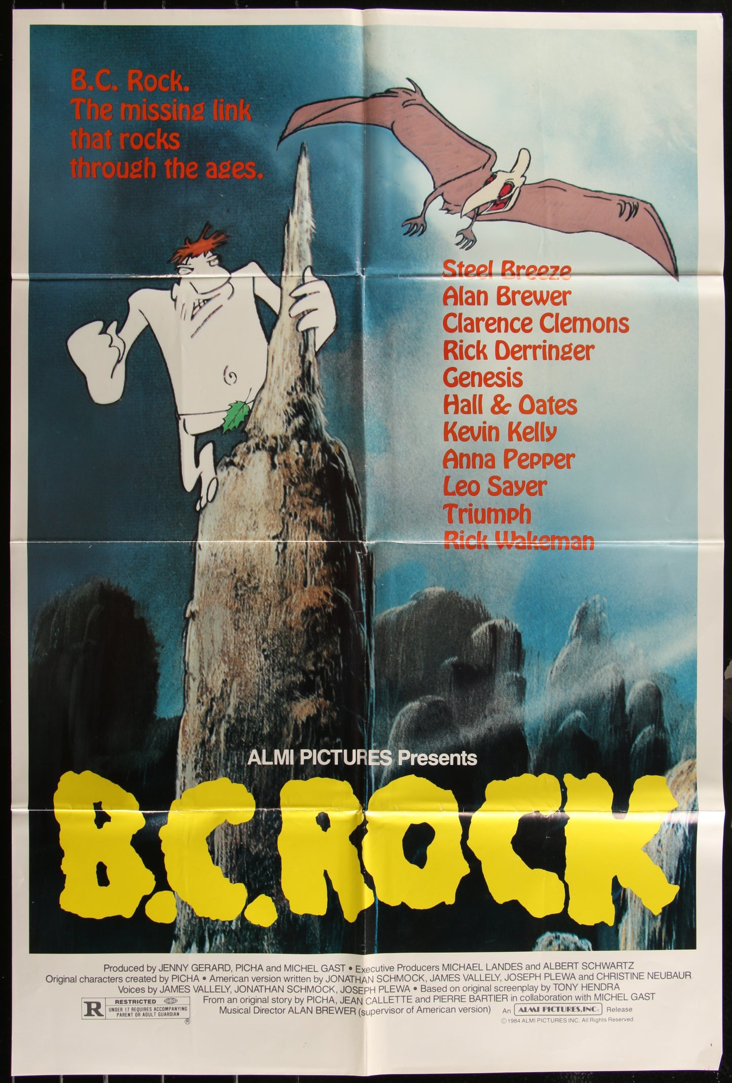 Vintage US one sheet movie poster for 'B.C. Rock' (1984) featuring cartoon-style characters and text.