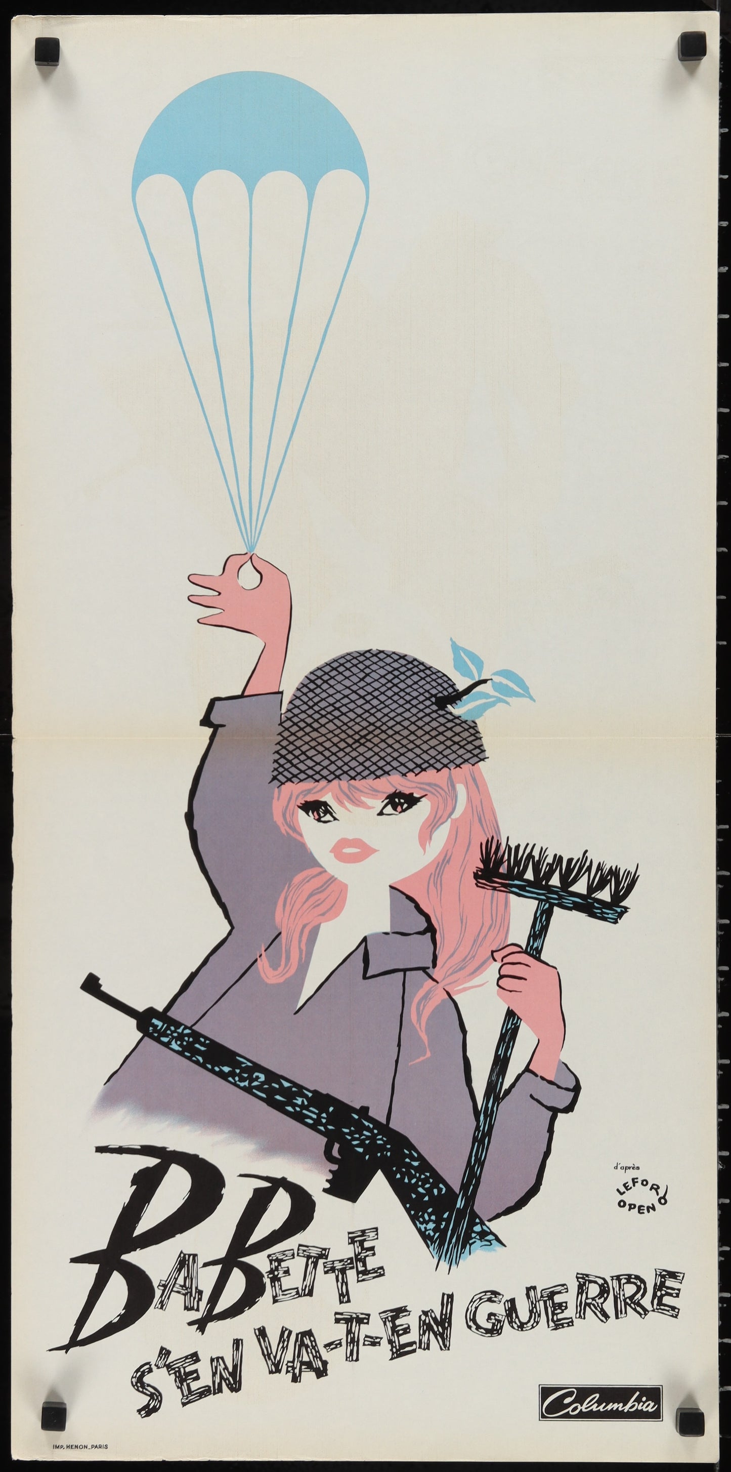 A vintage French movie poster for 'Babette Goes to War' featuring an illustration of Brigitte Bardot in military attire, holding a handbag and a cigarette, with parachute and smoke effects in the background.