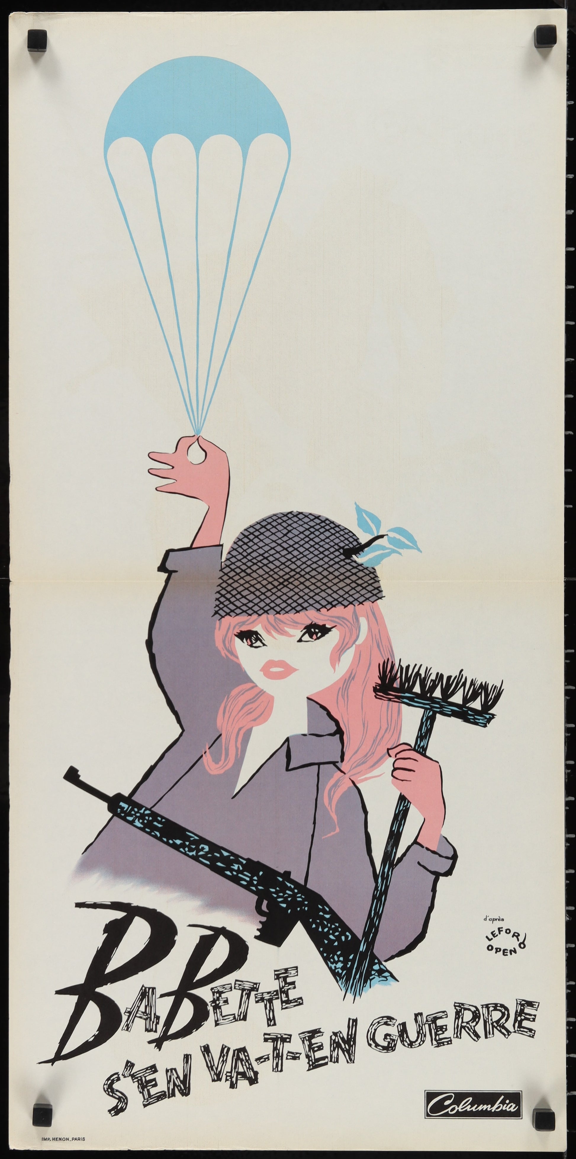 A vintage French movie poster for 'Babette Goes to War' featuring an illustration of Brigitte Bardot in military attire, holding a handbag and a cigarette, with parachute and smoke effects in the background.