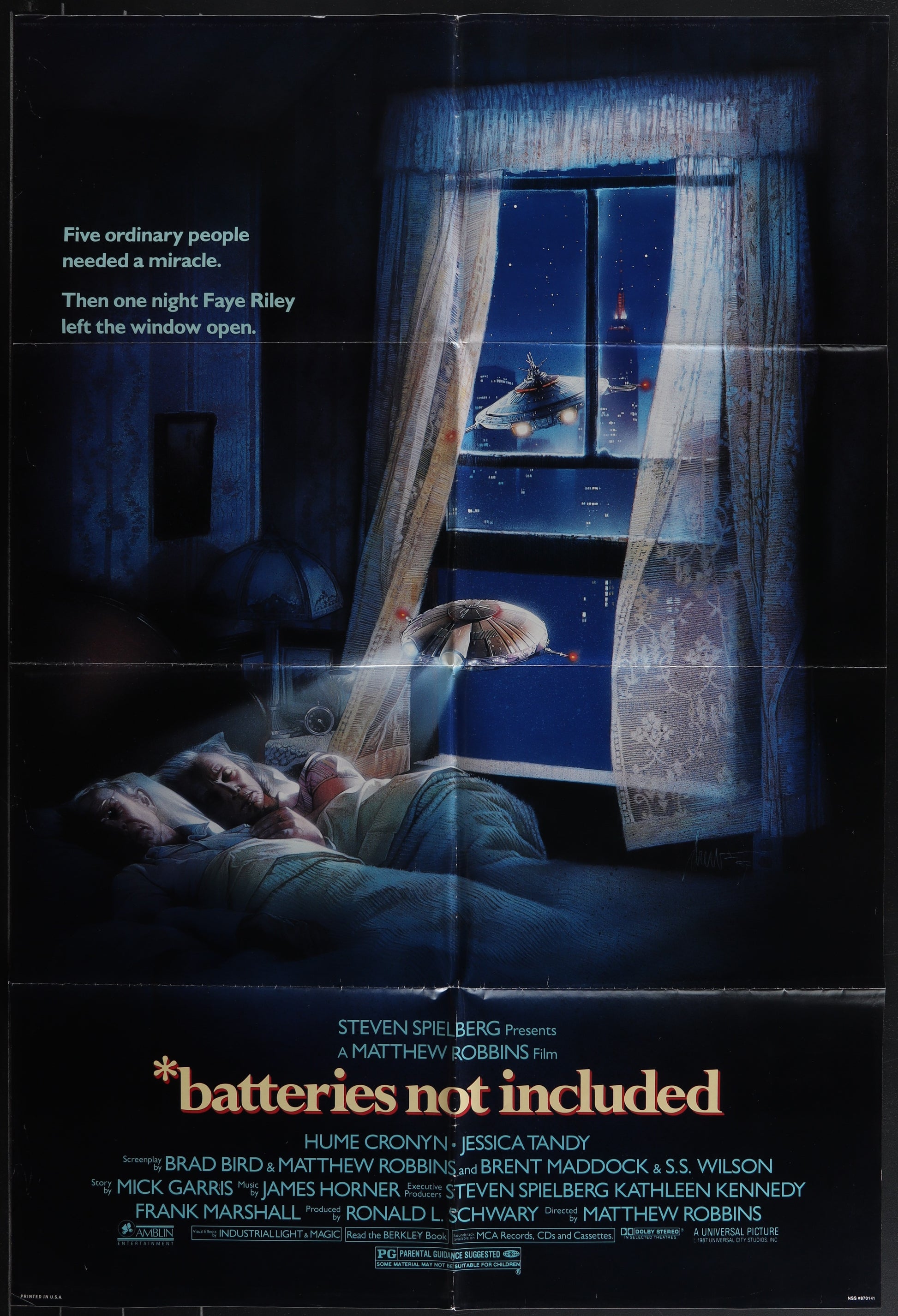 Vintage one-sheet movie poster for 'Batteries Not Included' featuring an illustration of a UFO, with a silhouette of a person and a dog looking out of a window at night.