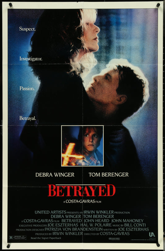 Original US one sheet movie poster for 'Betrayed' featuring images of the main characters in a dramatic pose against a dark background.