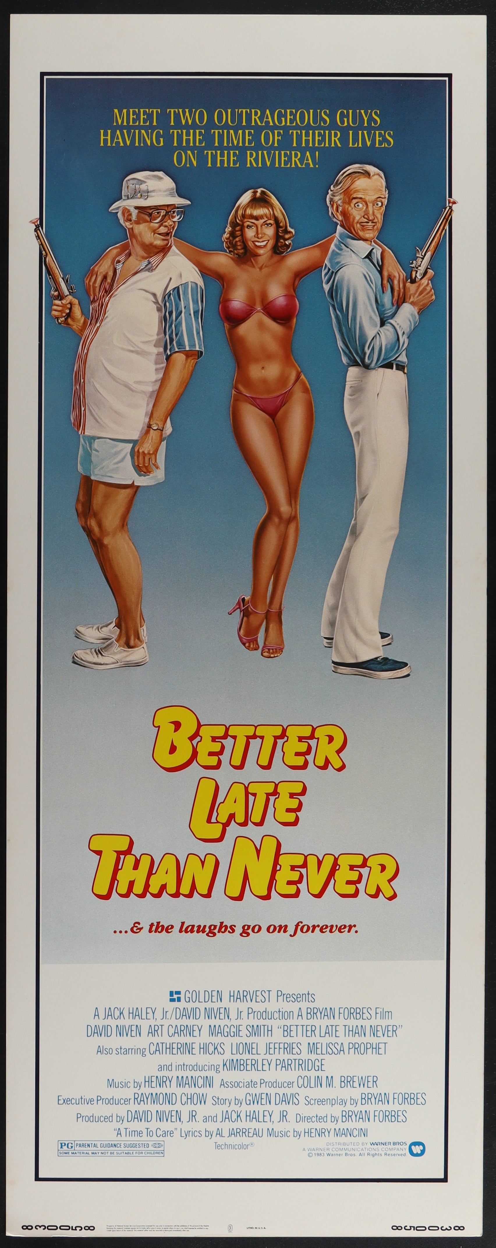 A vintage movie poster for 'Better Late Than Never' featuring images of the actors David Niven, Art Carney, and Maggie Smith in a vertical layout, with the title and details of the film printed at the bottom.
