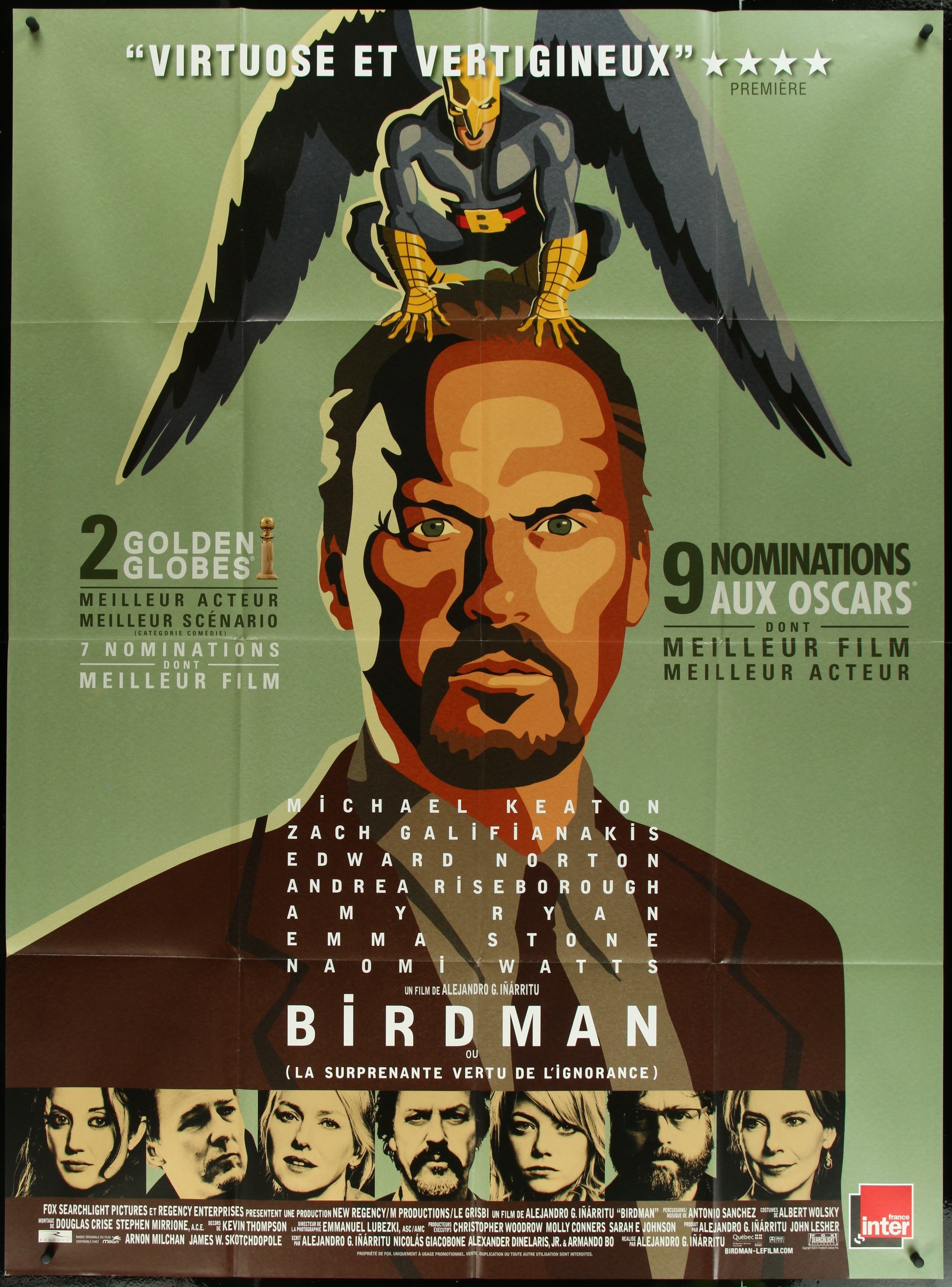 A promotional movie poster for 'Birdman' featuring a black and grayscale image with a man's face and a bird perched on top, along with text highlighting the film's awards and nominations.