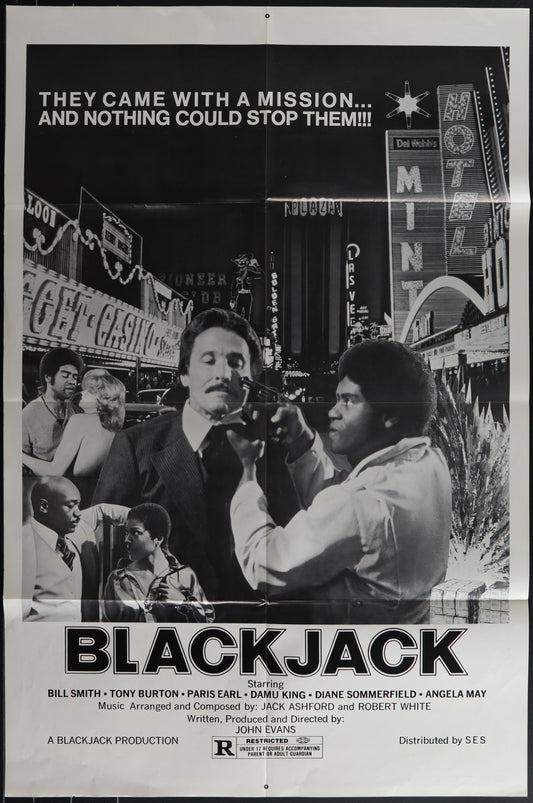 A black and white photo of a vintage movie poster for 'Blackjack (1978)' featuring two men on a city street.