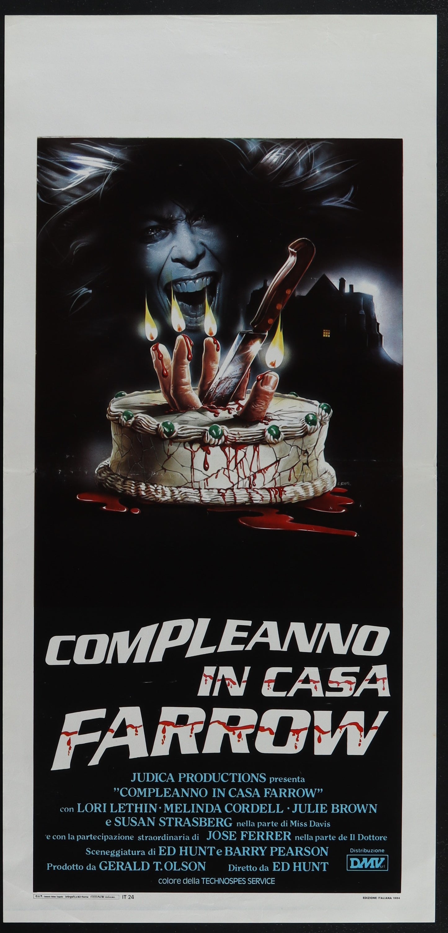 Original Italian Locandina movie poster for the film ' Bloody Birthday (1981)' featuring a graphical representation of a cake with candles and a ghostly figure.