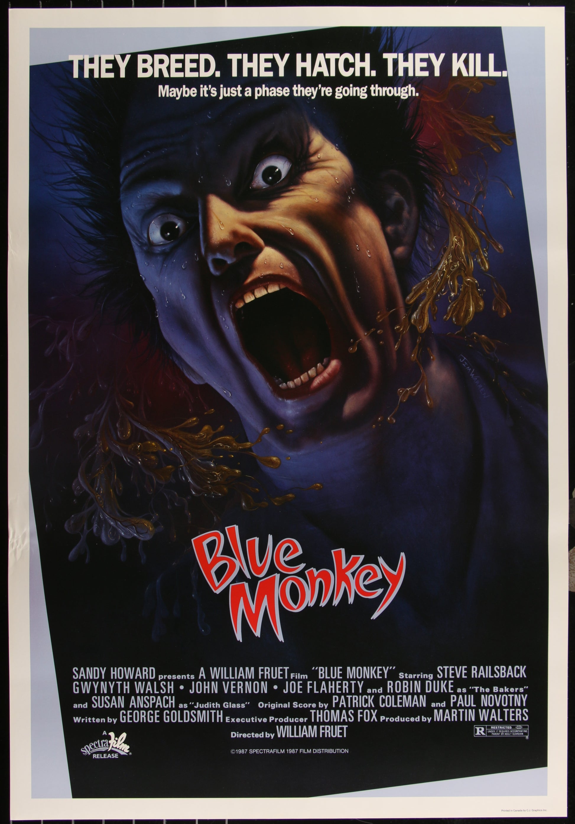 Original Canadian one sheet movie poster for Blue Monkey (1987), featuring a screaming character in the foreground with a dark, stormy background. The poster is damaged with creases and edge wear.
