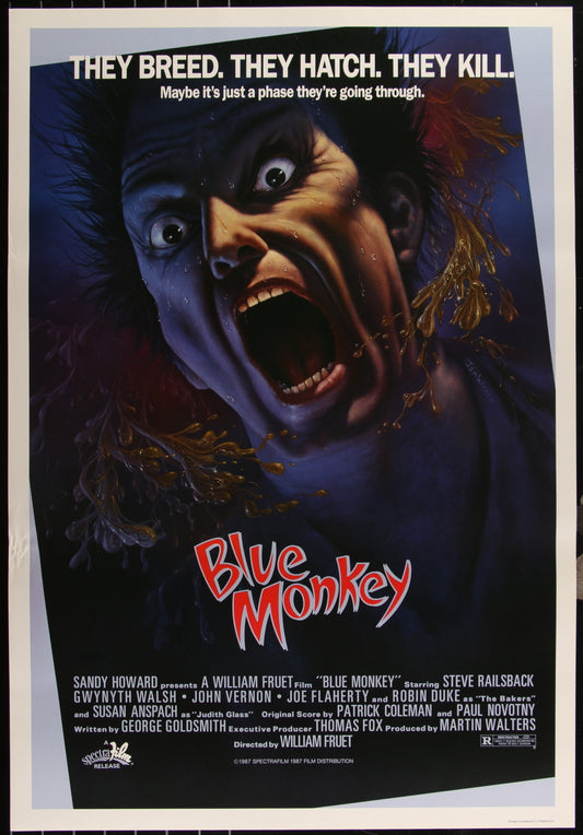 Original Canadian one sheet movie poster for Blue Monkey (1987), featuring a screaming character in the foreground with a dark, stormy background. The poster is damaged with creases and edge wear.