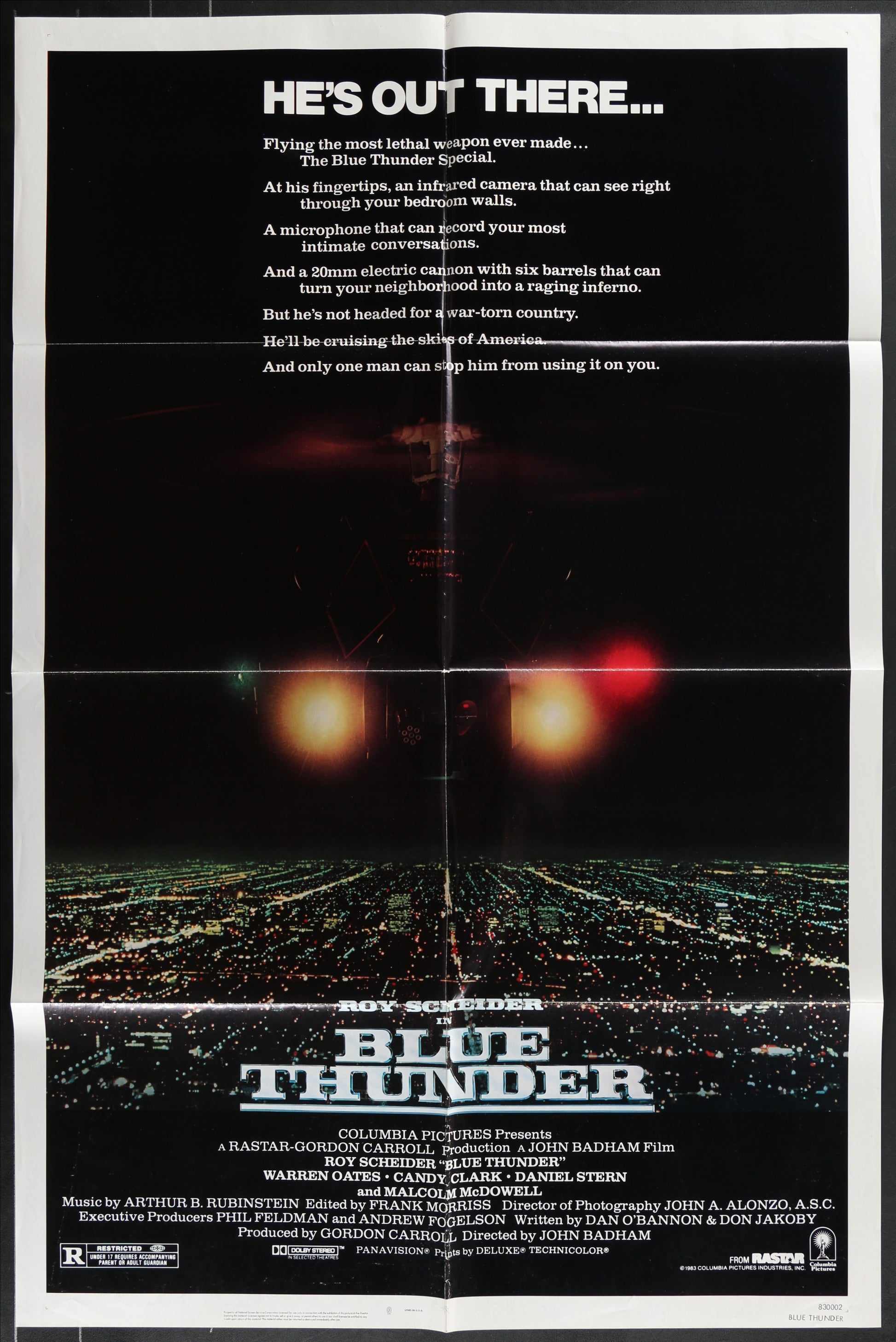 Movie poster for 'Blue Thunder' with a night scene and glowing eyes.