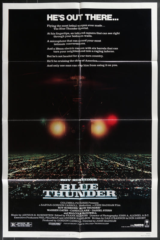 Movie poster for 'Blue Thunder' with a night scene and glowing eyes.