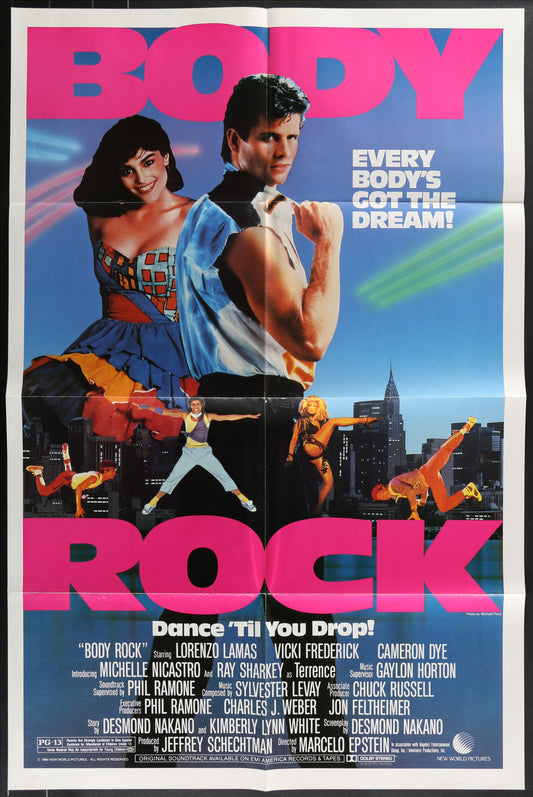 Original US one sheet movie poster for Body Rock (1984). Breakdancing musical drama starring Lorenzo Lamas as Chilly, a street dancer pursuing fame. Vintage folded poster (27 x 41 inches) featuring vibrant 80s design with Lamas in dance pose. Minor wear consistent with age. Classic 1980s hip-hop culture collectible