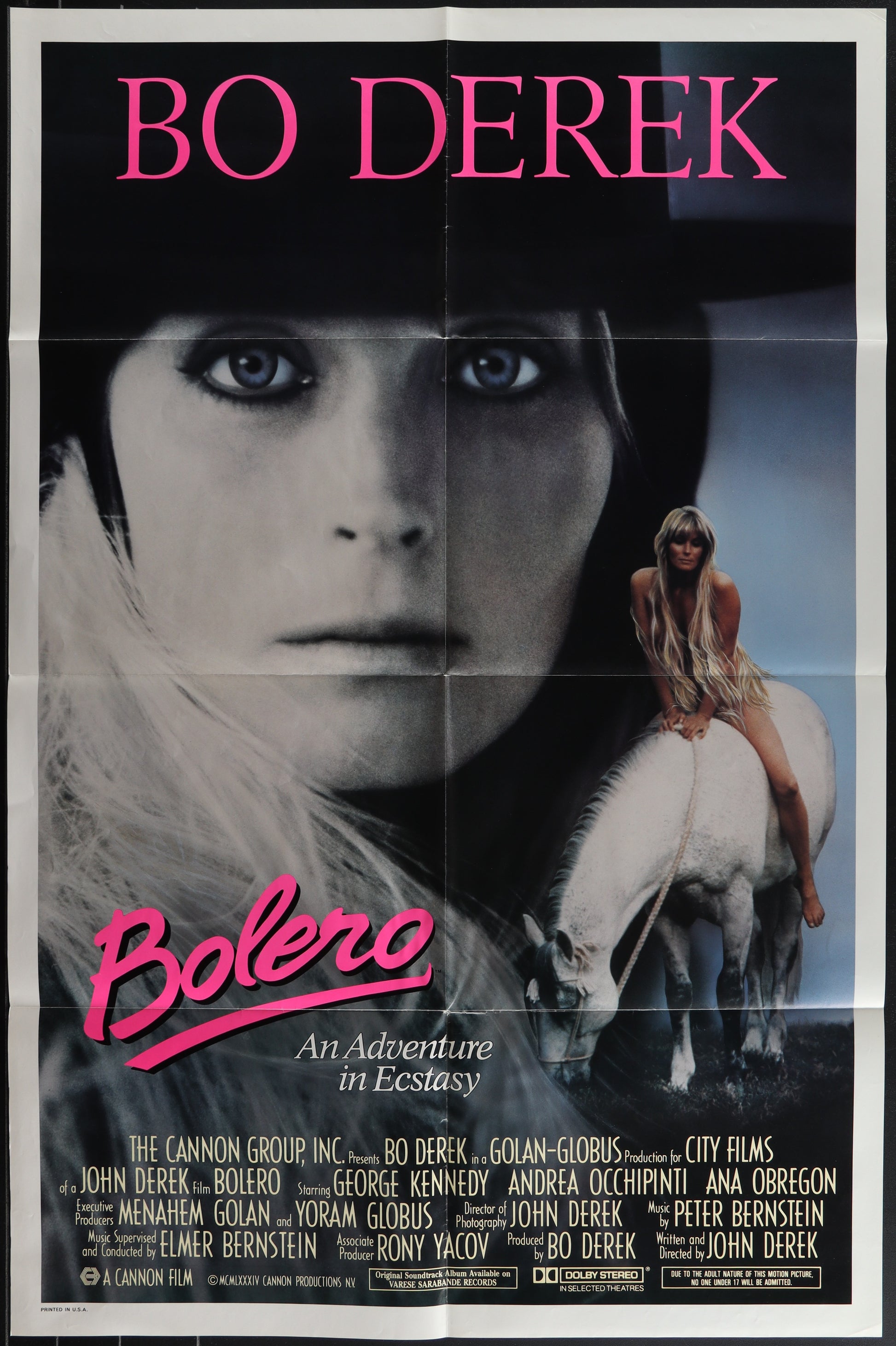 Vintage movie poster for 'Bolero' featuring a portrait of Bo Derek with a horse in the background, indicating an erotic drama genre.