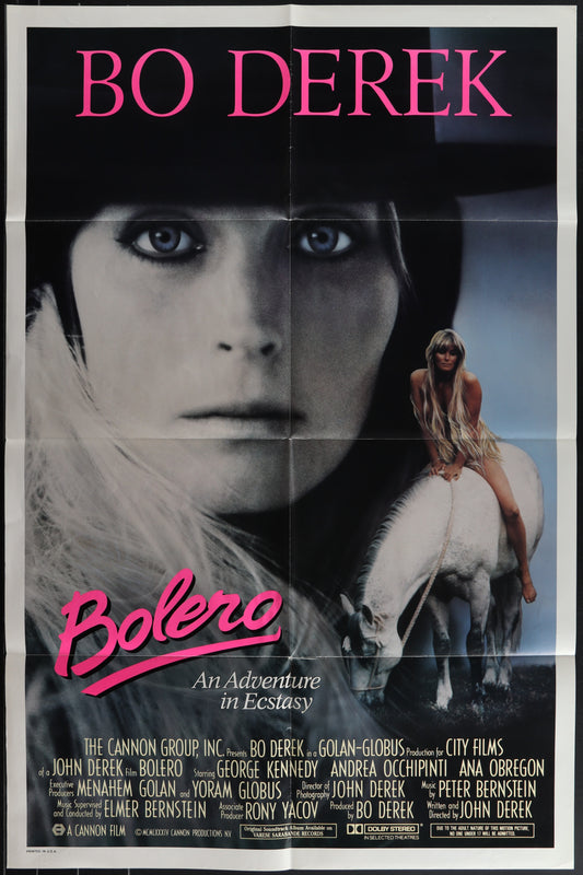 Vintage movie poster for 'Bolero' featuring a portrait of Bo Derek with a horse in the background, indicating an erotic drama genre.