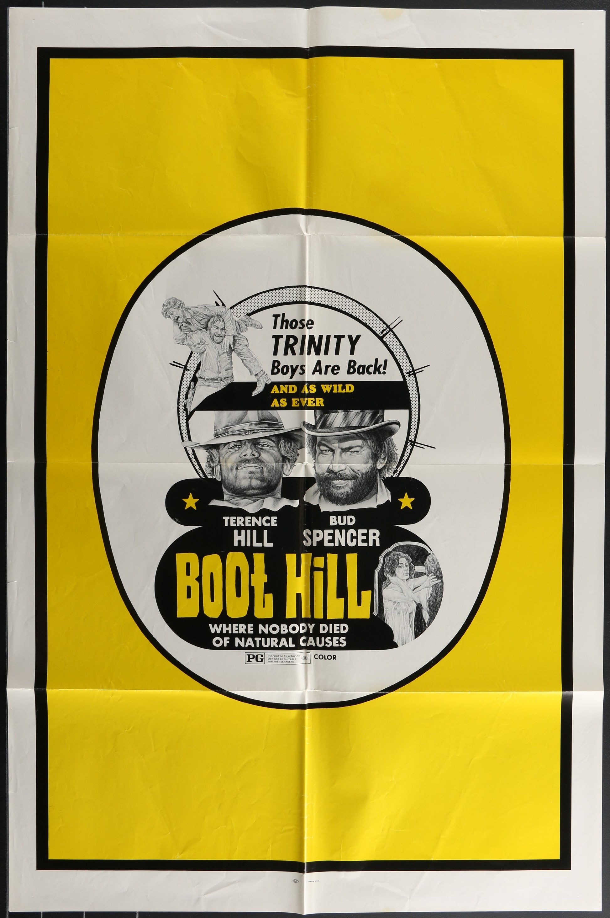 Vintage style movie poster featuring two male characters prominently with the text 'Boot Hill' and 'While Nobody Was Killed' written on it, against a yellow background.
