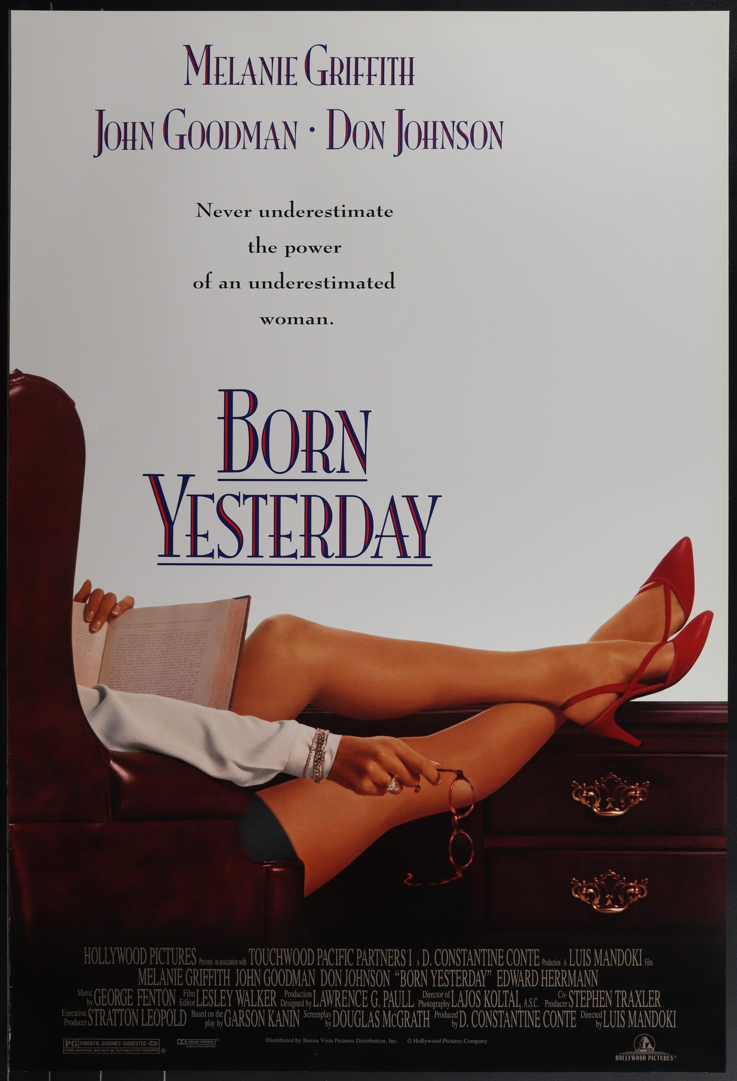 Movie poster for 'Born Yesterday' featuring a woman's legs and feet.