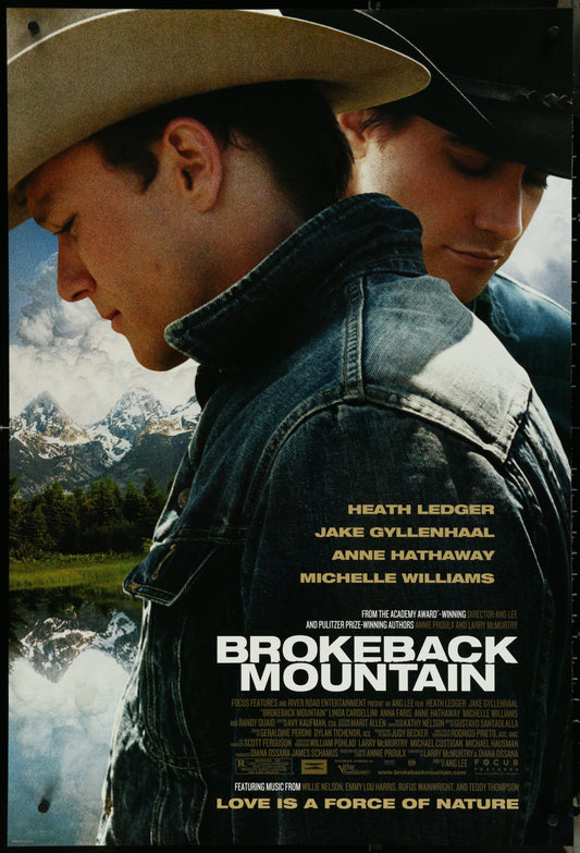 Unfolded double-sided Brokeback Mountain movie poster featuring images of the main characters and a mountainous landscape in the background.
