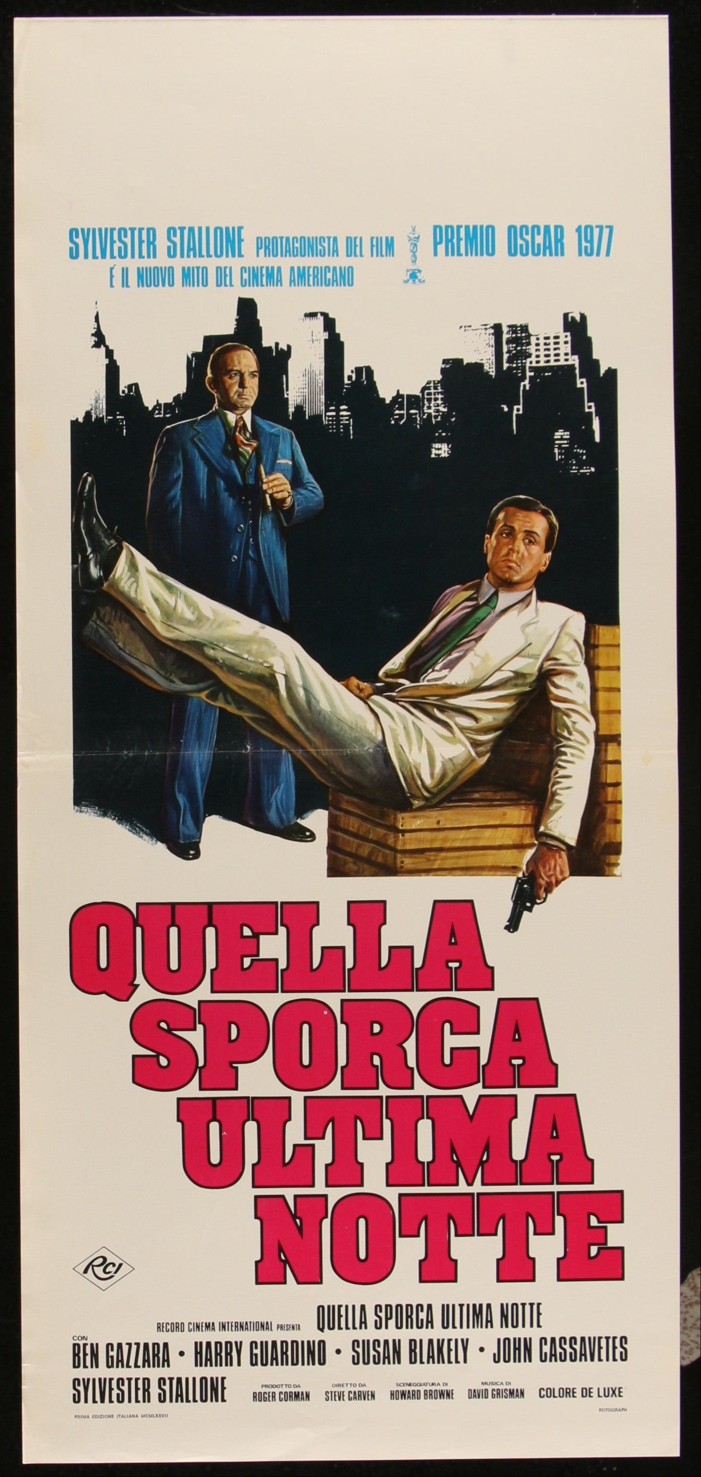 Movie poster for 'Quella Sporca Ultima Notte' with two men in a cityscape background.