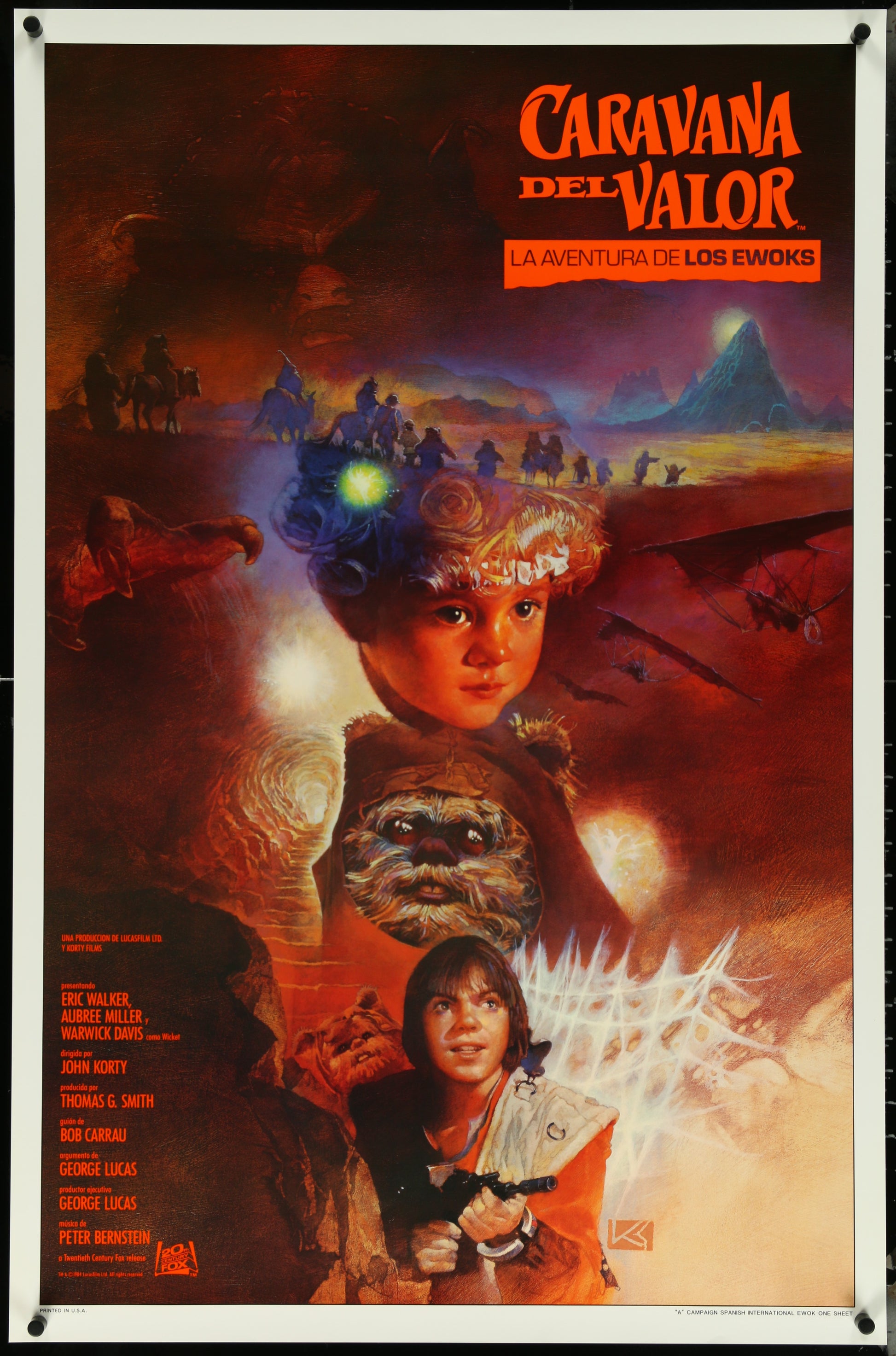 Vintage Spanish language one-sheet movie poster for 'Caravan of Courage: An Ewok Adventure' featuring characters and a fantasy landscape.