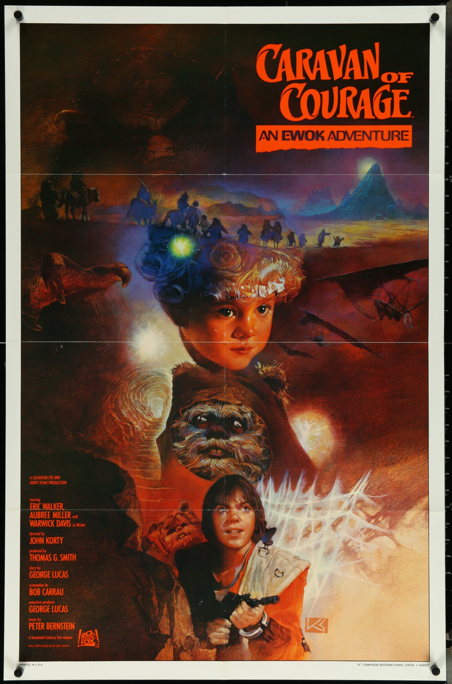 Original vintage, folded international one-sheet movie poster for 'Caravan of Courage: An Ewok Adventure' featuring Ewok characters and a fantasy landscape.