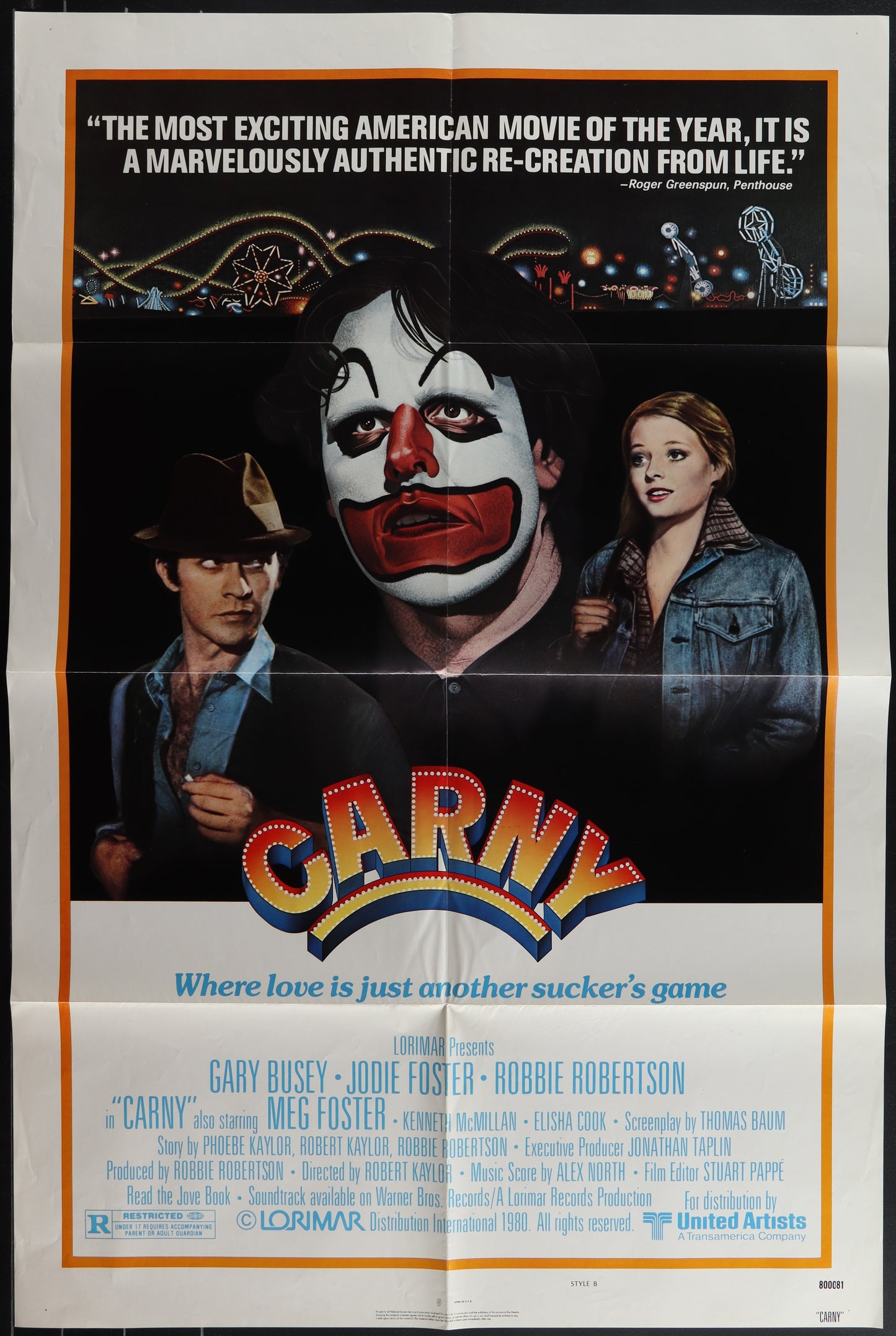 Original US one sheet movie poster for 'Carny' featuring a man in a clown costume with a carnival setting in the background. The poster is folded and shows some wear.