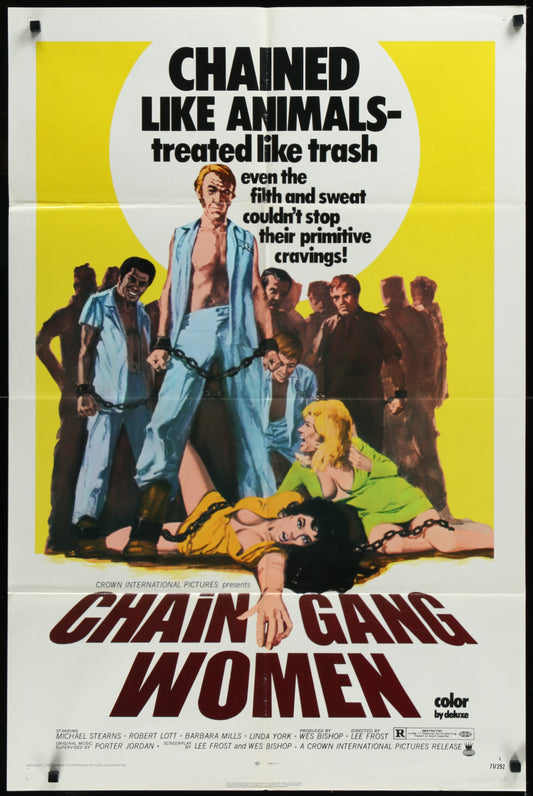 Vintage style movie poster for 'Chain Gang Women' featuring a man with a chain saw and several women in a suggestive pose, set against a yellow background.