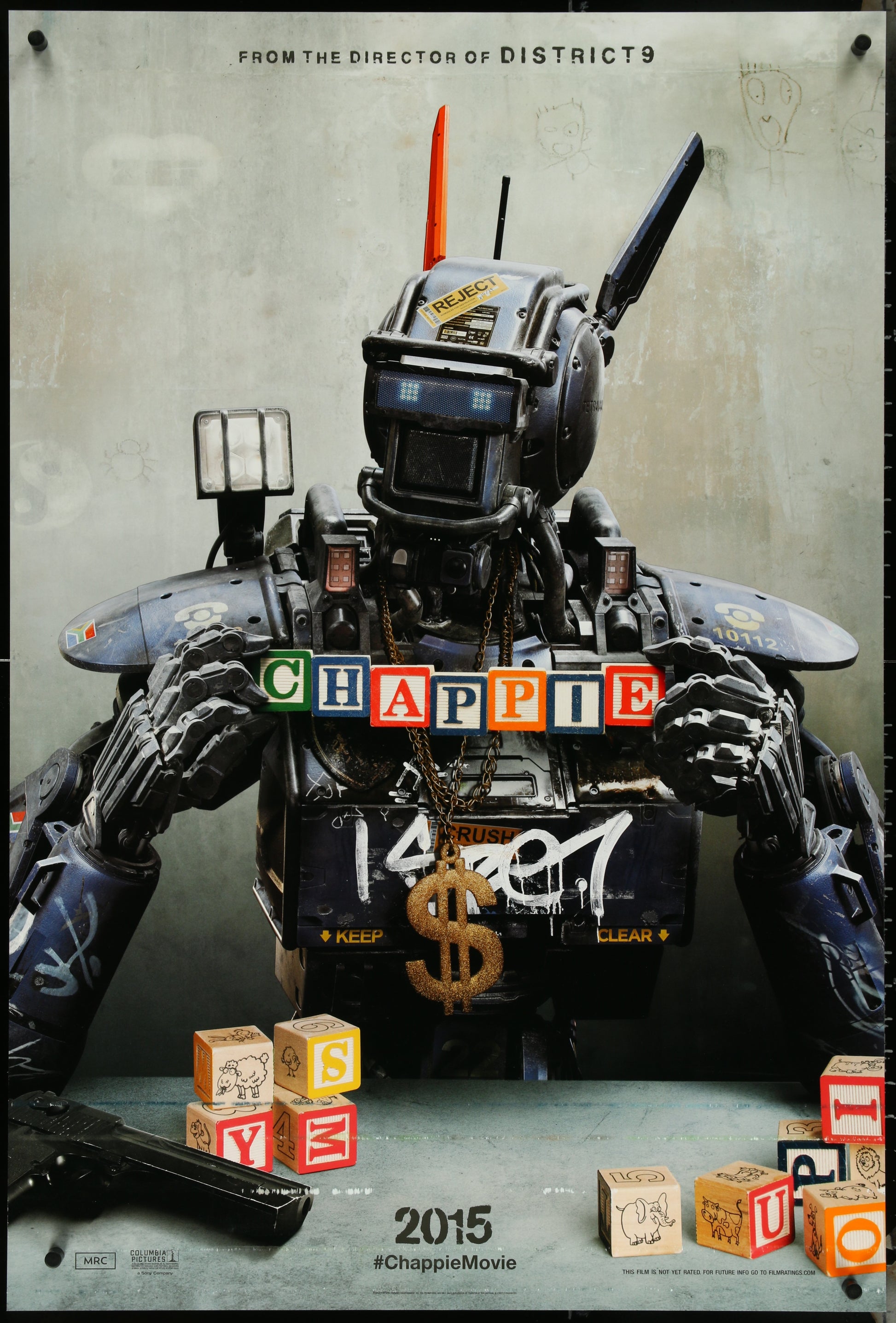 An original unfolded double-sided one-sheet movie poster for the film 'Chappie' featuring a stylized robot character holding a dollar sign, with the movie's title and release date prominently displayed.