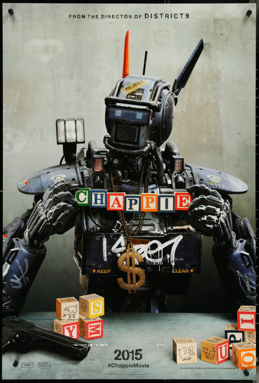 An original unfolded double-sided one-sheet movie poster for the film 'Chappie' featuring a stylized robot character holding a dollar sign, with the movie's title and release date prominently displayed.