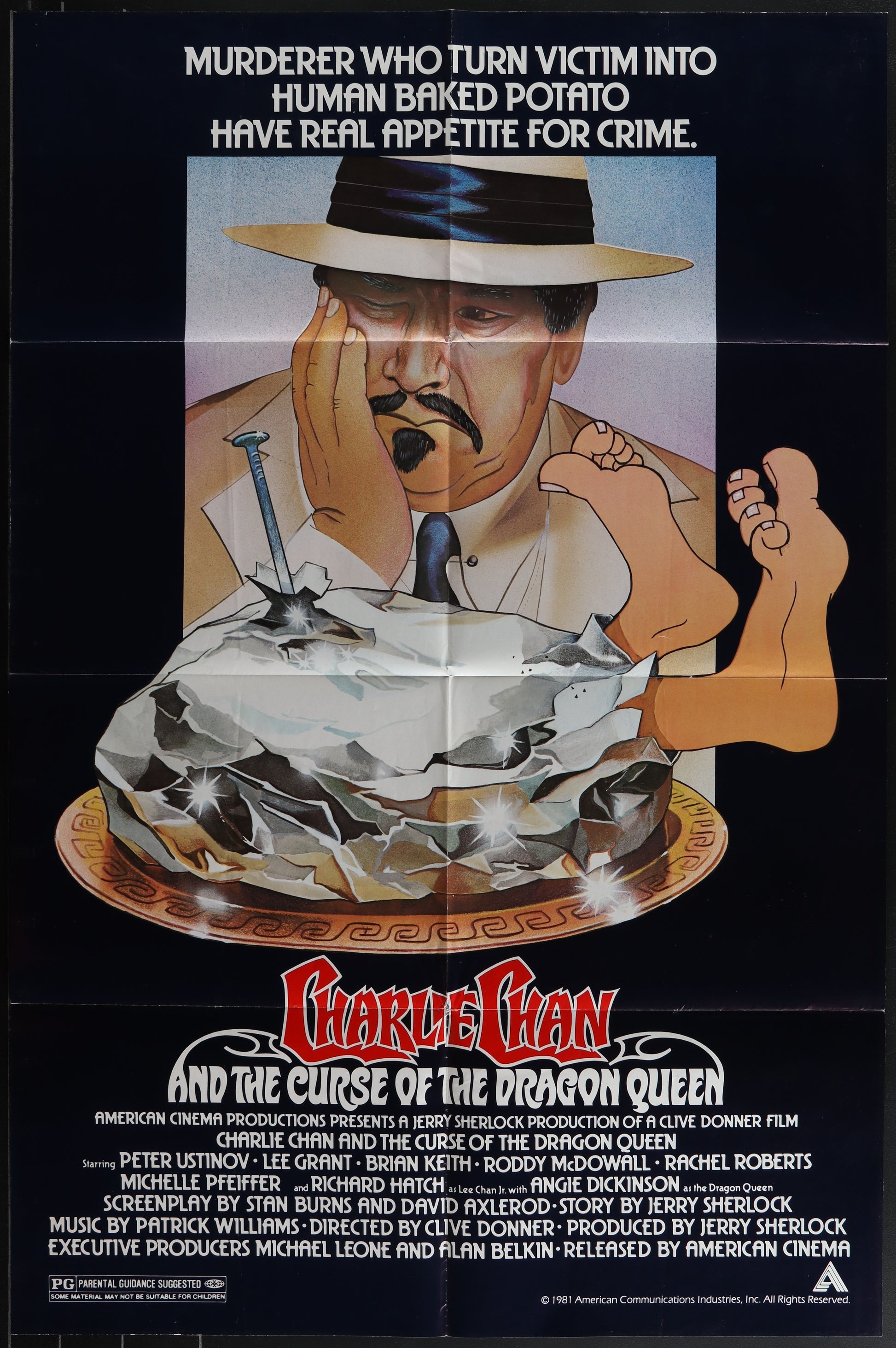 Vintage movie poster for 'Charlie Chan And the Curse Of The Dragon Queen' featuring a portrait of a man with a hat and a scepter, resembling the main character, with a large cake in the background.