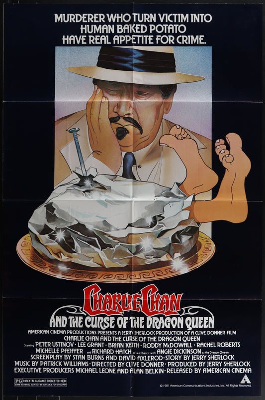 Vintage movie poster for 'Charlie Chan And the Curse Of The Dragon Queen' featuring a portrait of a man with a hat and a scepter, resembling the main character, with a large cake in the background.