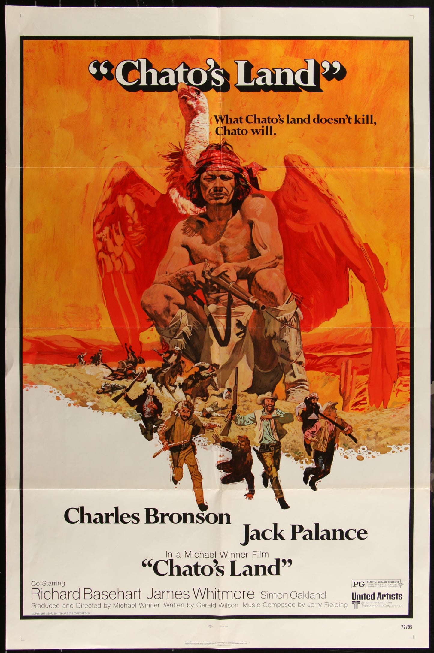 Original US one sheet movie poster for 'Chato's Land' featuring Charles Bronson and Jack Palance, with a vivid orange and yellow background, and an image of Bronson and Palance on horseback in the foreground.