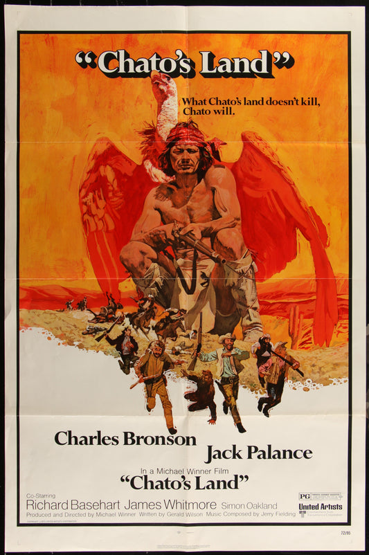 Original US one sheet movie poster for 'Chato's Land' featuring Charles Bronson and Jack Palance, with a vivid orange and yellow background, and an image of Bronson and Palance on horseback in the foreground.