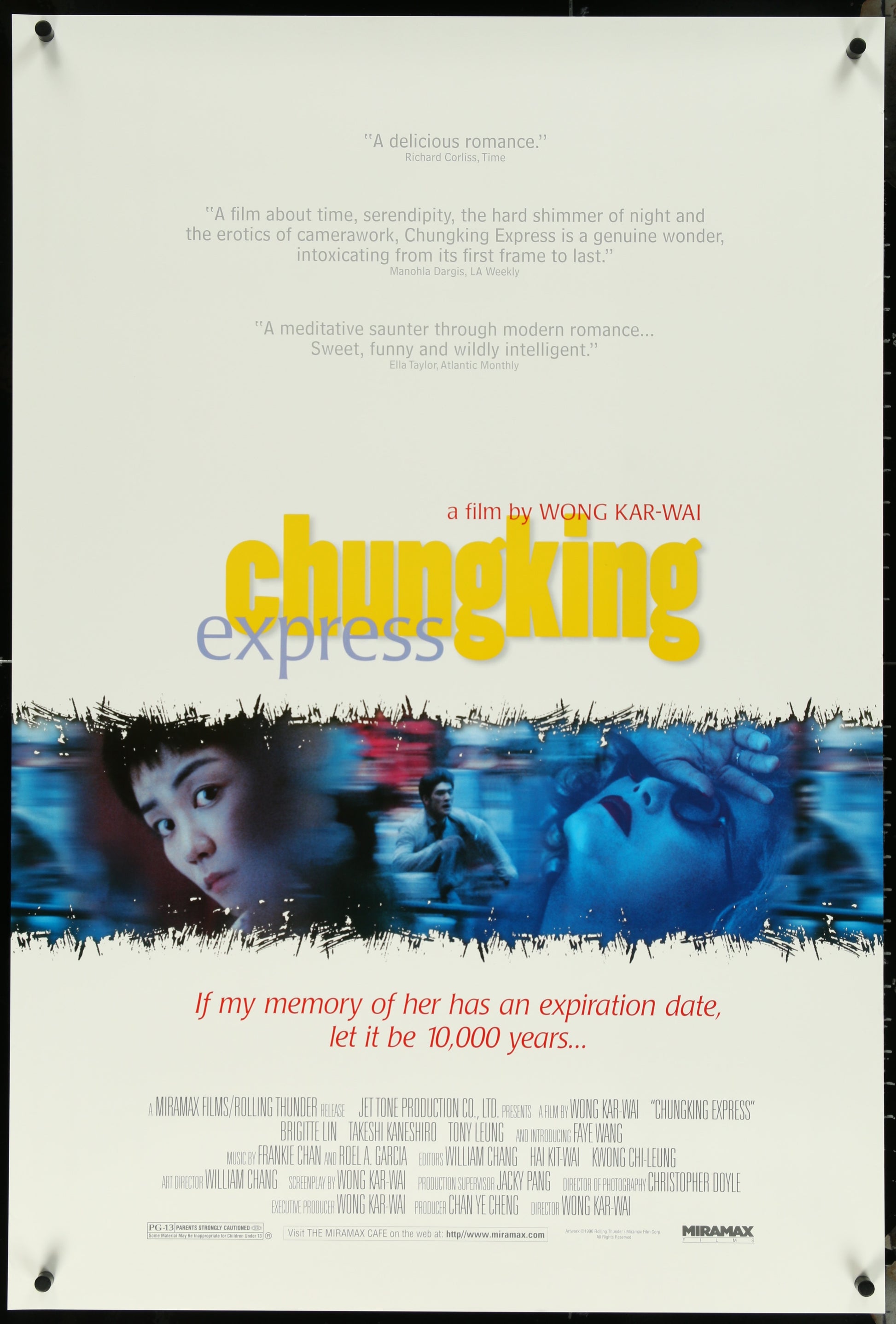 Original US one sheet movie poster for Chung King Express featuring Brigitte Lin and Takeshi Kaneshiro with a romantic and mysterious theme.