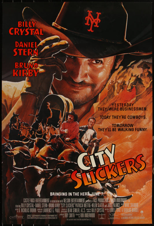 Vintage movie poster for 'City Slickers' featuring cowboy hats and a western landscape, with the main actors depicted.