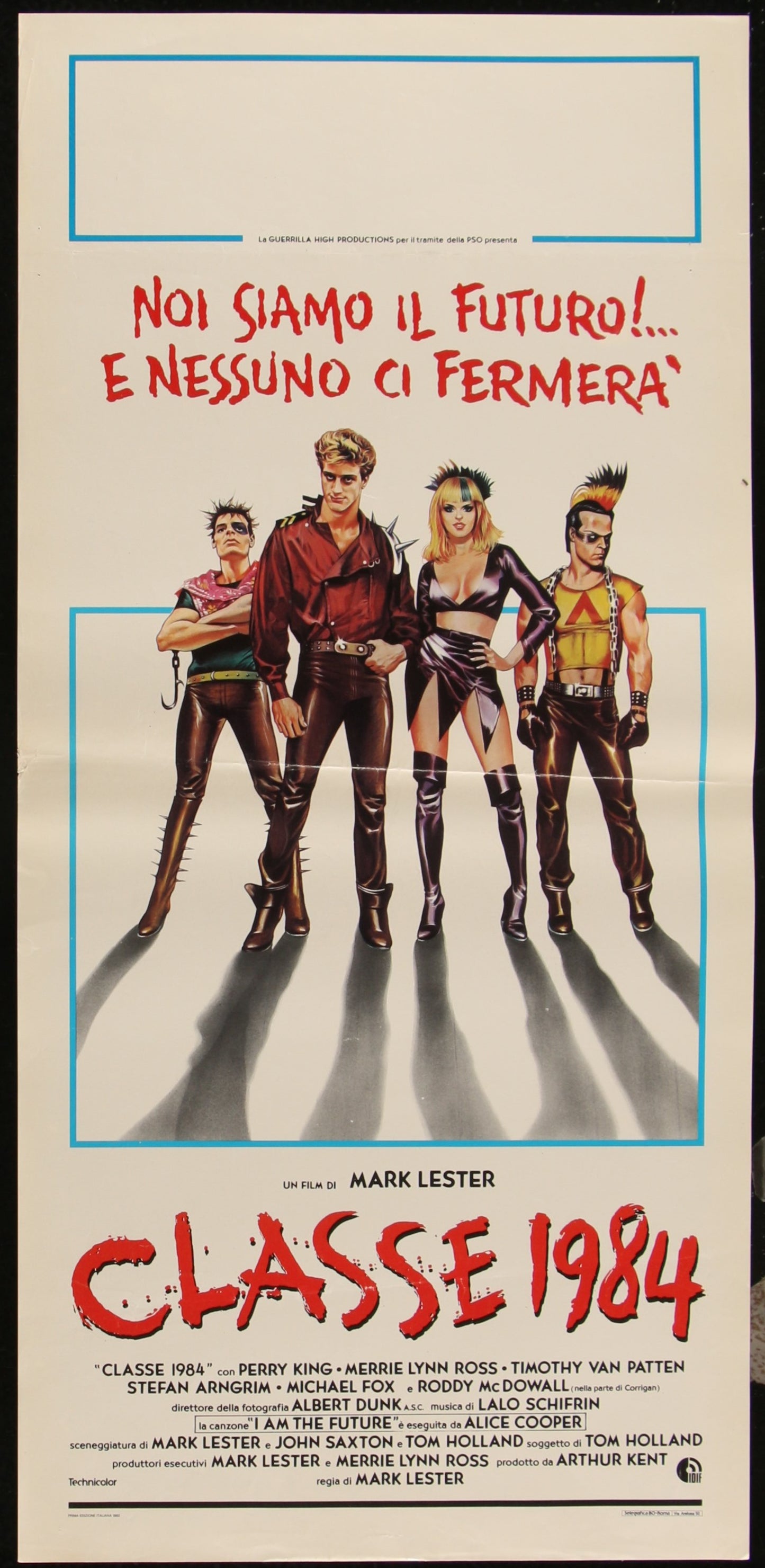 Original Italian Locandina movie poster for the film 'Class 1984' featuring a group of people in a dark setting with a shadowy background. The poster is in black, red, and white colors with text and the year 1984 visible.