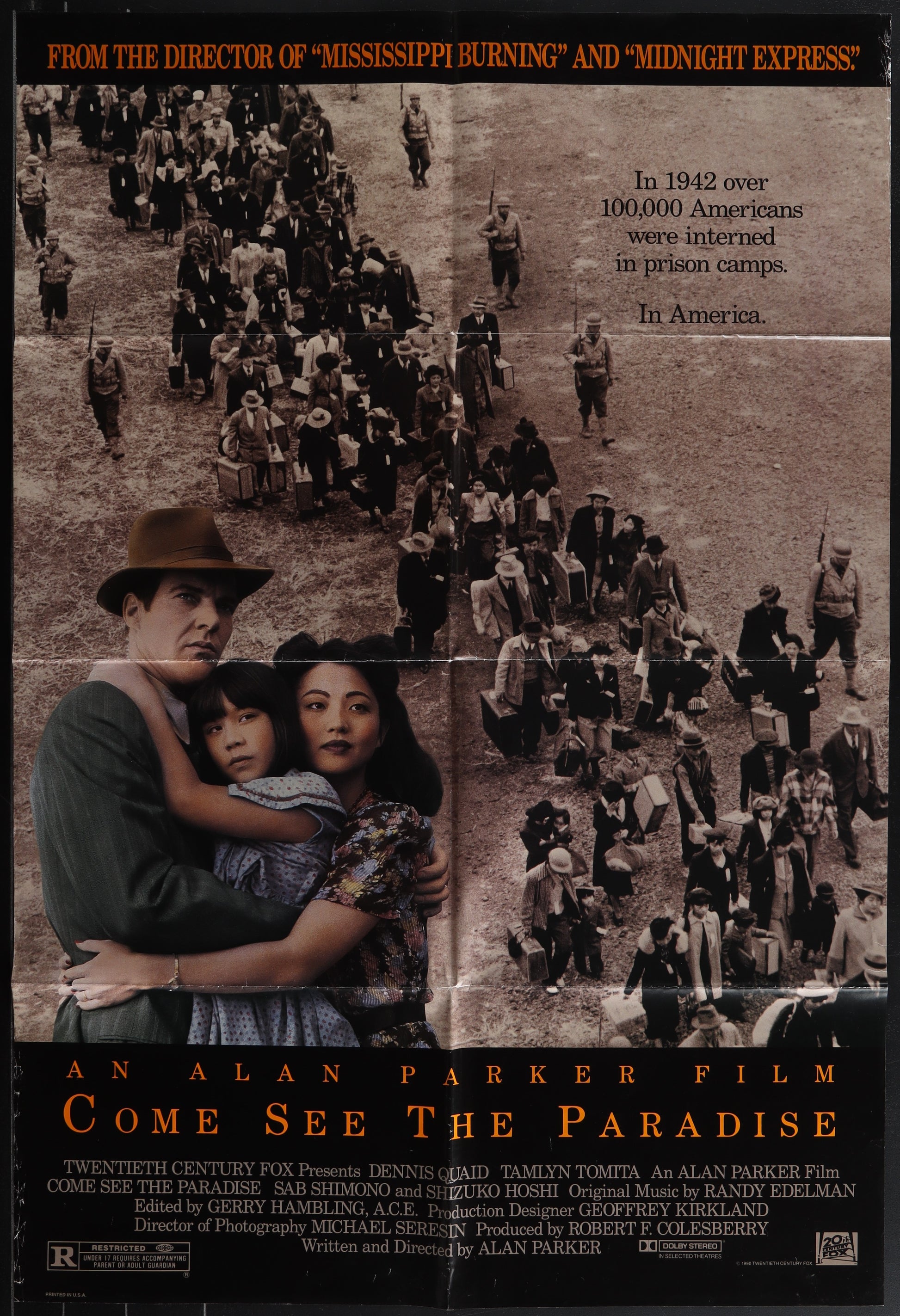 Original US one-sheet movie poster for 'Come See The Paradise' featuring black and white photographs of the main characters with a historical background.