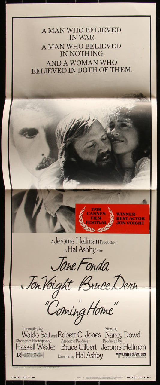 Vintage US insert movie poster for 'Coming Home' (1978) featuring black and white images of the main characters with a red sticker in the center.