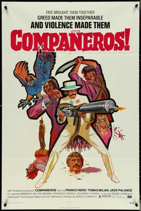 Vintage style movie poster for 'Companeros!' featuring a gunfight scene with a man in a white suit and a bird on his shoulder, flanked by other characters in a dramatic setting.