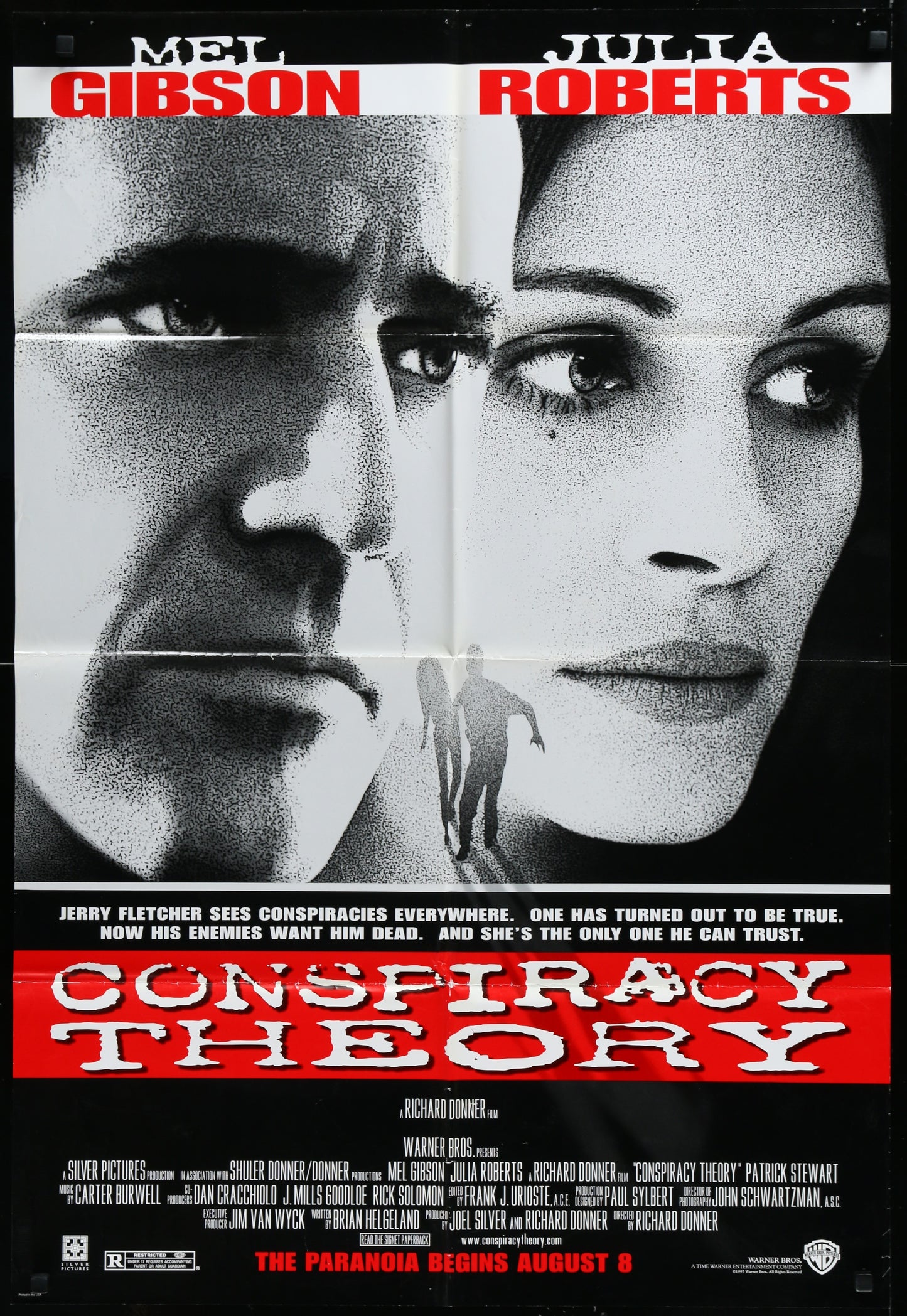 Original US one-sheet movie poster for 'Conspiracy Theory' featuring images of the main characters with a mystery thriller theme.