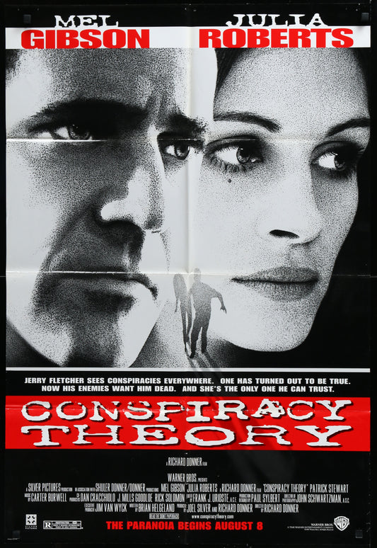 Original US one-sheet movie poster for 'Conspiracy Theory' featuring images of the main characters with a mystery thriller theme.