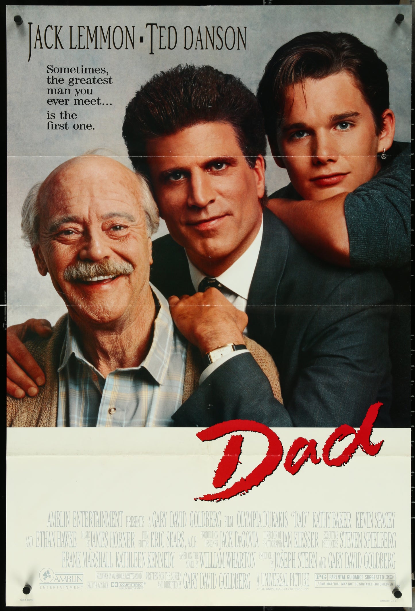 Original US one sheet movie poster for 'Dad' featuring photographs of the main actors Jack Lemmon, Ted Danson, and Ethan Hawke, with the title 'DAD' prominently displayed.